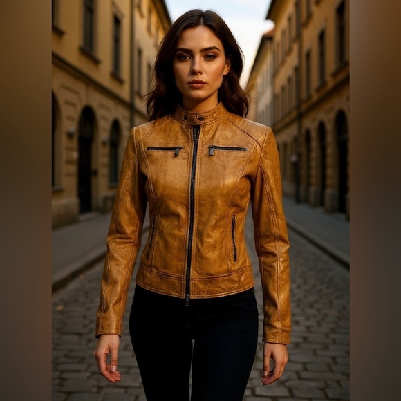 Florence Moon Italy Jackets & Blazers - Florence Moon Italy Women’s Leather Moto Jacket - Cognac– XS -NWT